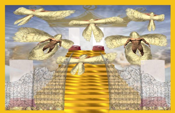 A yellow staircase with angels flying above it.